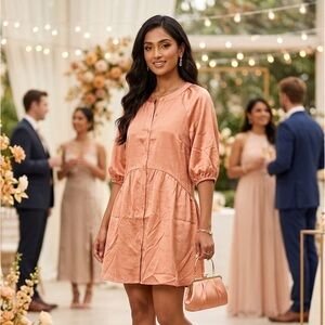 NWT Gilli Crushed Satin Style Button-Front Peplum Mini Dress Peachy Pink-Size M